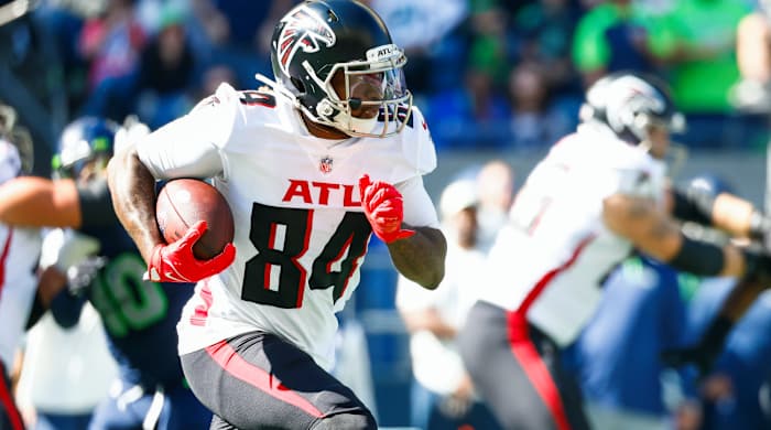 Sep 25, 2022; Seattle, Washington, USA; Atlanta Falcons running back Cordarrelle Patterson (84) rushes against the Seattle Seahawks during the first quarter at Lumen Field. Mandatory Credit: Joe Nicholson-USA TODAY Sports
